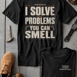 Funny Plumber Repair Graphic Tee "I Solve Problems You Can Smell" Back - "Plumbing Systems Diagnostician" Front — black t-shirt, flat-lay product photo | Pressure Tested Co