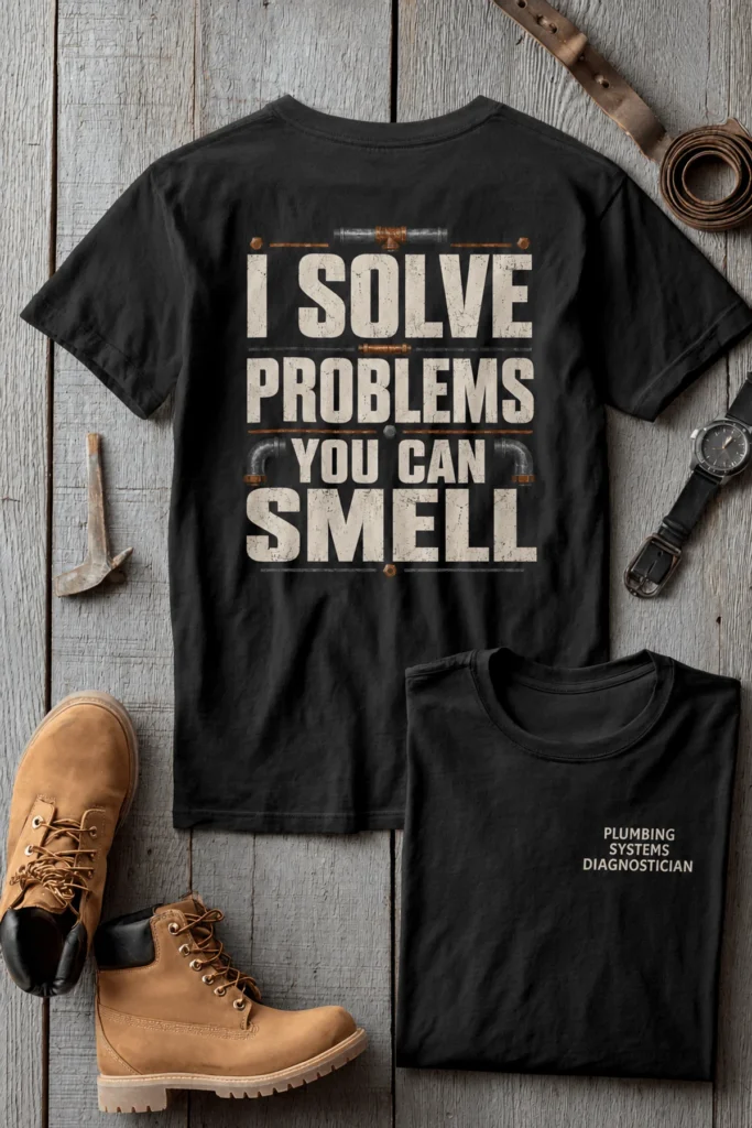 Funny Plumber Repair Graphic Tee "I Solve Problems You Can Smell" Back - "Plumbing Systems Diagnostician" Front — black t-shirt, flat-lay product photo | Pressure Tested Co
