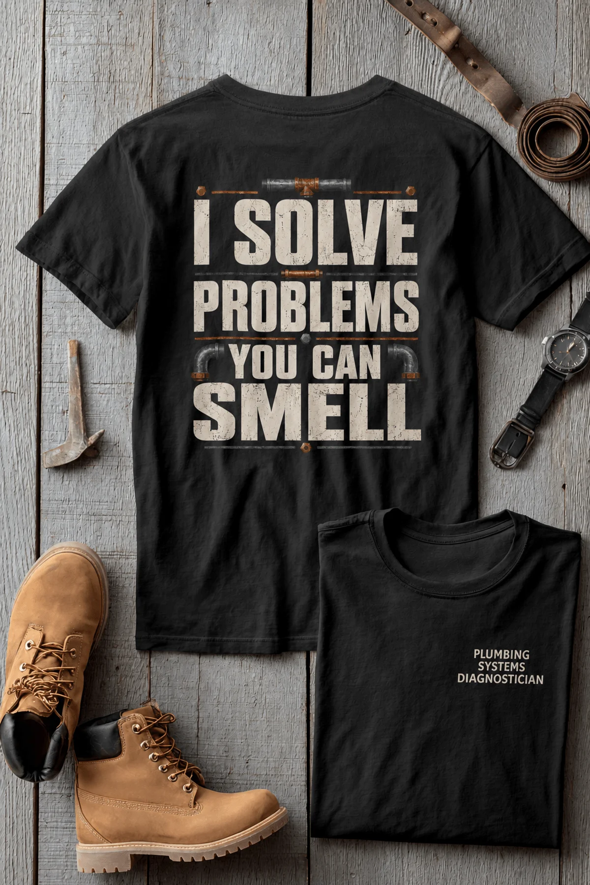 Funny Plumber Repair Graphic Tee "I Solve Problems You Can Smell" Back - "Plumbing Systems Diagnostician" Front — black — Flat-lay Funny Plumber Repair Graphic Tee "I Solve Problems You Can Smell" Back - "Plumbing Systems Diagnostician" Front — black t-shirt, flat-lay product photo | Pressure Tested Co
