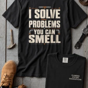 Funny Plumber Repair Graphic Tee "I Solve Problems You Can Smell" Back - "Plumbing Systems Diagnostician" Front — black t-shirt, flat-lay product photo | Pressure Tested Co