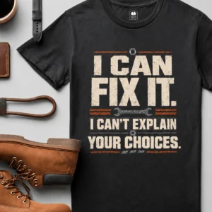 Sarcastic Mechanic T‑Shirt – "I Can Fix It. I Can't Explain Your Choices" Vintage Mechanic Shirt - DIY Repair Tee — black t-shirt, flat-lay product photo | Pressure Tested Co