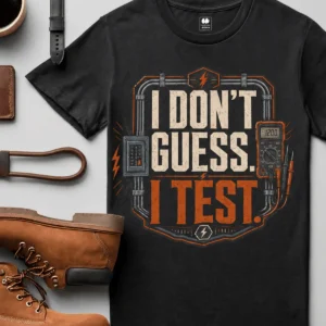 I Don't Guess I Test T-Shirt — Funny Tech Tee for Engineers and Electricians — black t-shirt, flat-lay product photo | Pressure Tested Co