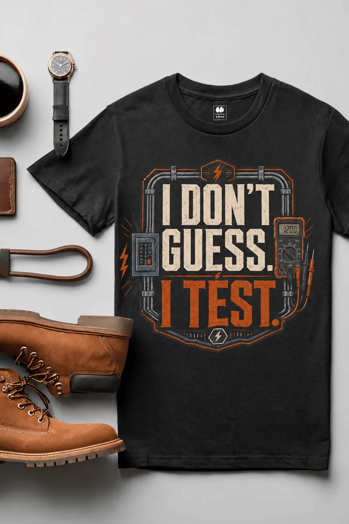 I Don't Guess I Test T-Shirt — Funny Tech Tee for Engineers and Electricians — black — Flat-lay I Don't Guess I Test T-Shirt — Funny Tech Tee for Engineers and Electricians — black t-shirt, flat-lay product photo | Pressure Tested Co