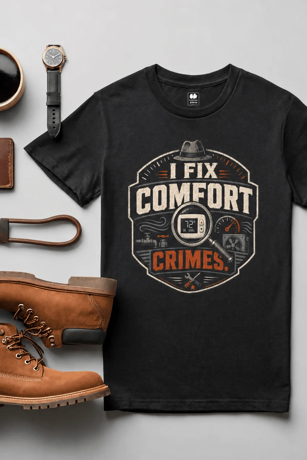 Funny HVAC Tech Tee "I Fix Comfort Crimes" — Furnace and Air Tech Work Tee — black — Flat-lay Funny HVAC Tech Tee "I Fix Comfort Crimes" — Furnace and Air Tech Work Tee — black t-shirt, flat-lay product photo | Pressure Tested Co