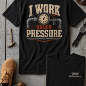 Funny Plumber Repair Graphic Tee "I Work Under Pressure" Back - "Plumbing Systems Diagnostician" Front — black t-shirt, flat-lay product photo | Pressure Tested Co