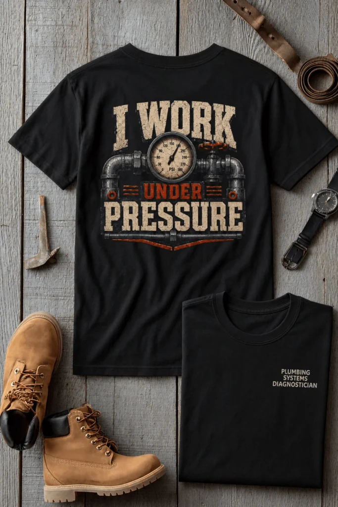Funny Plumber Repair Graphic Tee "I Work Under Pressure" Back - "Plumbing Systems Diagnostician" Front — black t-shirt, flat-lay product photo | Pressure Tested Co