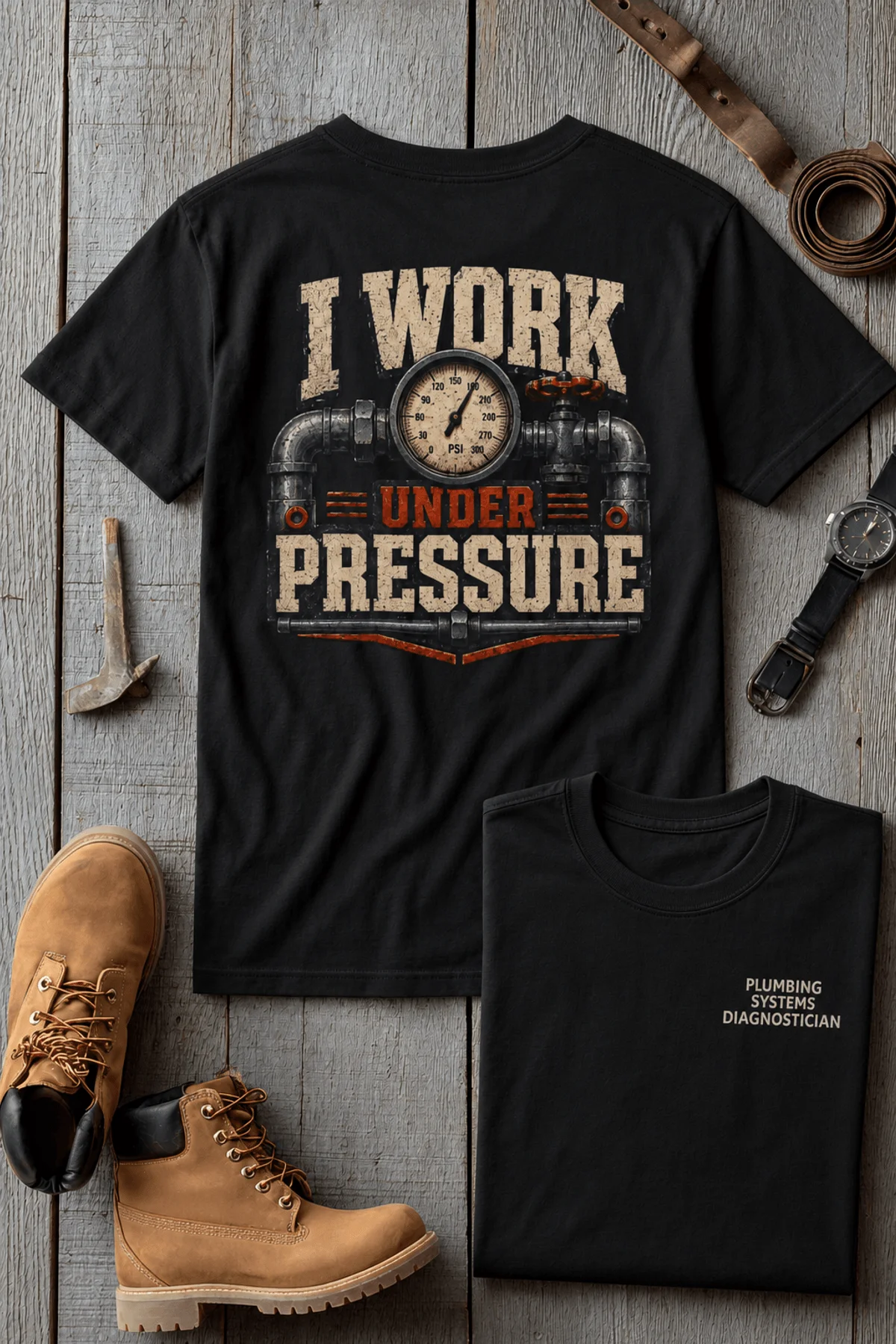 Funny Plumber Repair Graphic Tee "I Work Under Pressure" Back - "Plumbing Systems Diagnostician" Front — black t-shirt, flat-lay product photo | Pressure Tested Co