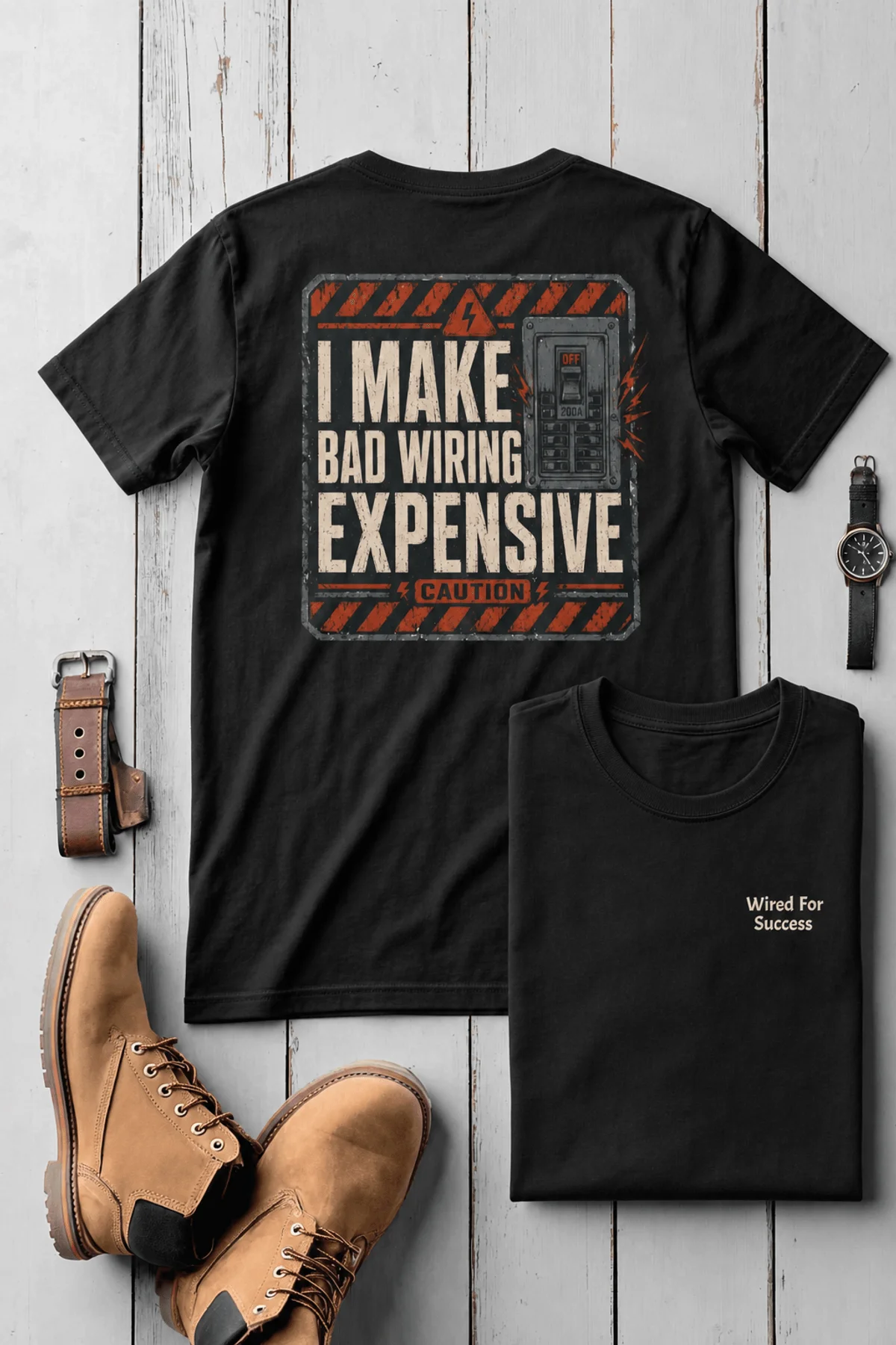 Funny Electrician Tech Tee - Back "I Make Bad Wiring Expensive" — Front "Wired For Success" Vintage Work Tee — black — Flat-lay Funny Electrician Tech Tee - Back "I Make Bad Wiring Expensive" — Front "Wired For Success" Vintage Work Tee — black t-shirt, flat-lay product photo | Pressure Tested Co