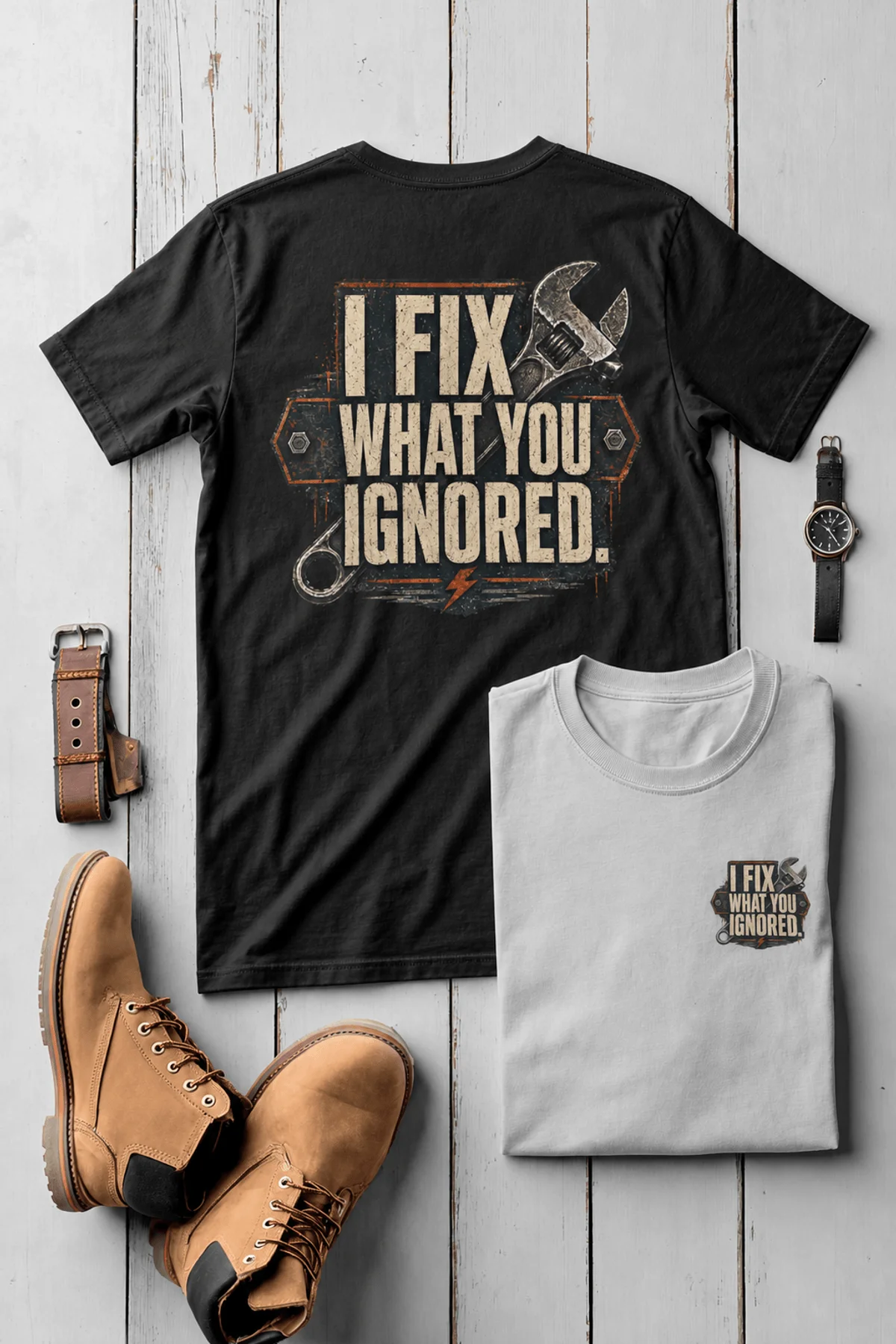 I Fix What You Ignored T-Shirt — Mechanic Wrench Tool Shirt for Technicians & DIYers — black — Flat-lay I Fix What You Ignored T-Shirt — Mechanic Wrench Tool Shirt for Technicians & DIYers — black t-shirt, flat-lay product photo | Pressure Tested Co