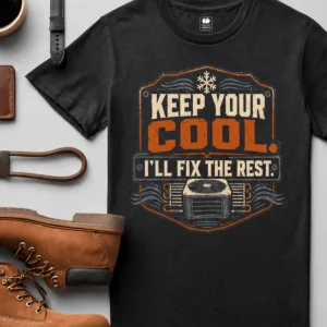 Funny HVAC Tee Shirt "Keep Your Cool. I'll Fix The Rest." T-Shirt – Vintage GraphicTee — black t-shirt, flat-lay product photo | Pressure Tested Co