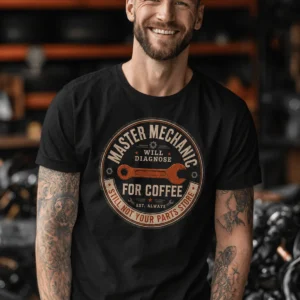 Mechanic T-Shirt — "Master Mechanic: Will Diagnose for Coffee" Retro Wrench Tee - Image 2