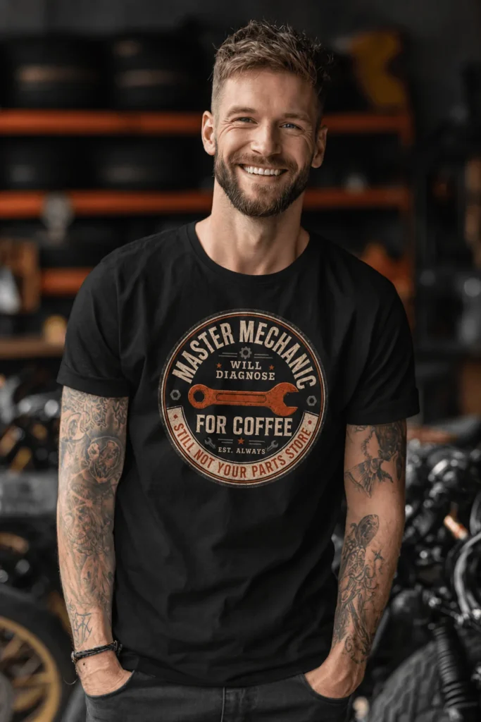 Mechanic T-Shirt — "Master Mechanic: Will Diagnose for Coffee" Retro Wrench Tee