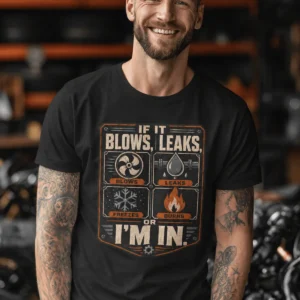 HVAC Technician T‑Shirt — "If It Blows, Leaks, Freezes or Burns I'm In" Retro Tradesmen Tee — black t-shirt, model photo | Pressure Tested Co