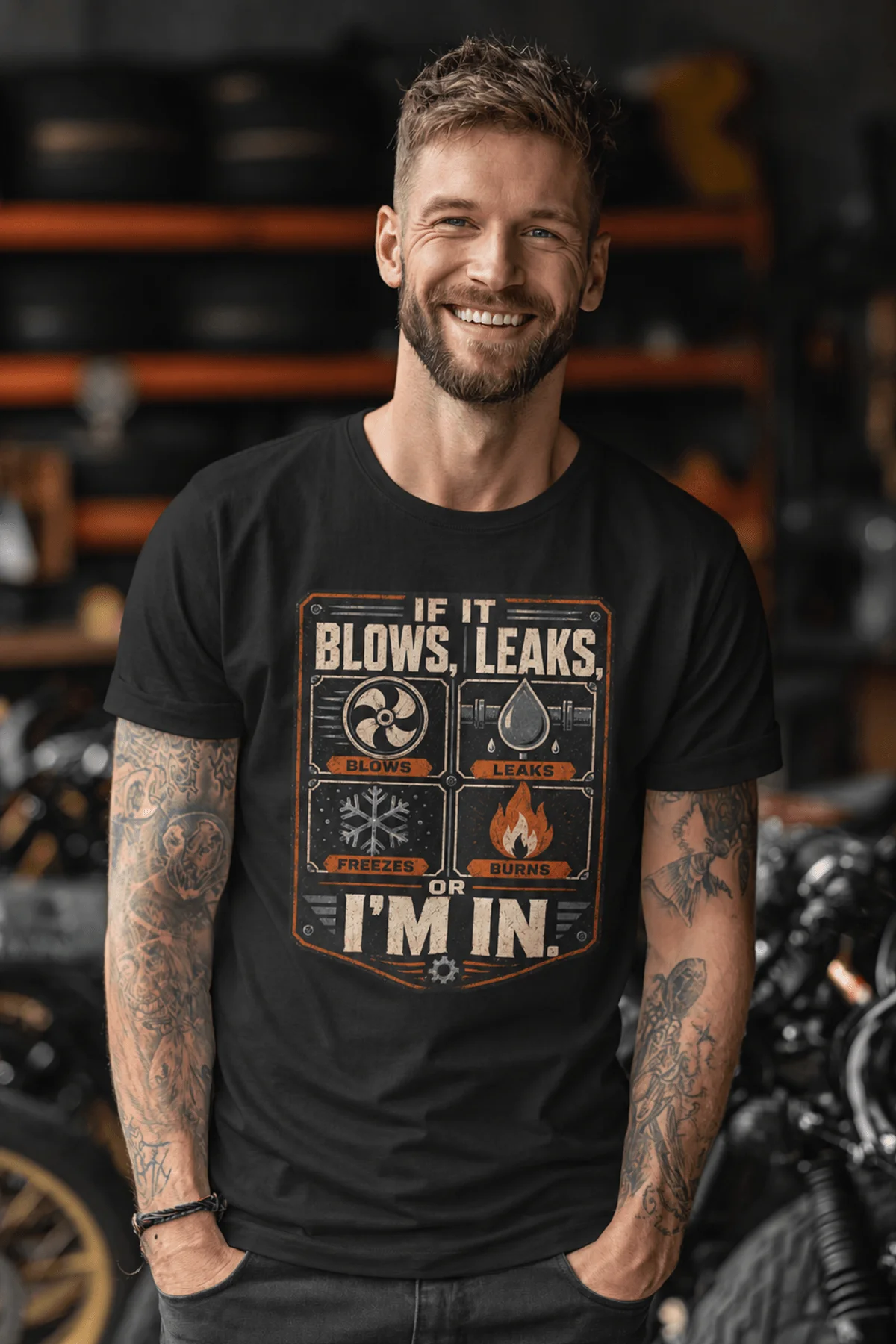 HVAC Technician T‑Shirt — "If It Blows, Leaks, Freezes or Burns I'm In" Retro Tradesmen Tee — black — Model HVAC Technician T‑Shirt — "If It Blows, Leaks, Freezes or Burns I'm In" Retro Tradesmen Tee — black t-shirt, model photo | Pressure Tested Co