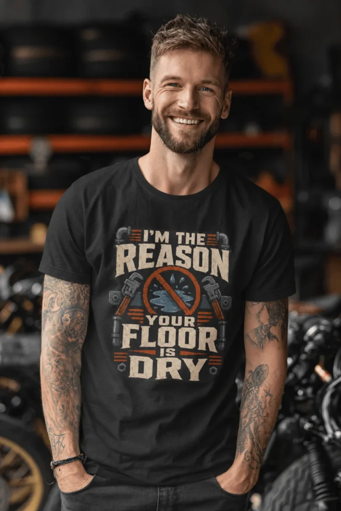 Plumber T‑Shirt – "I'm the Reason Your Floor Is Dry" Vintage Plumbing Tee — black t-shirt, model photo | Pressure Tested Co