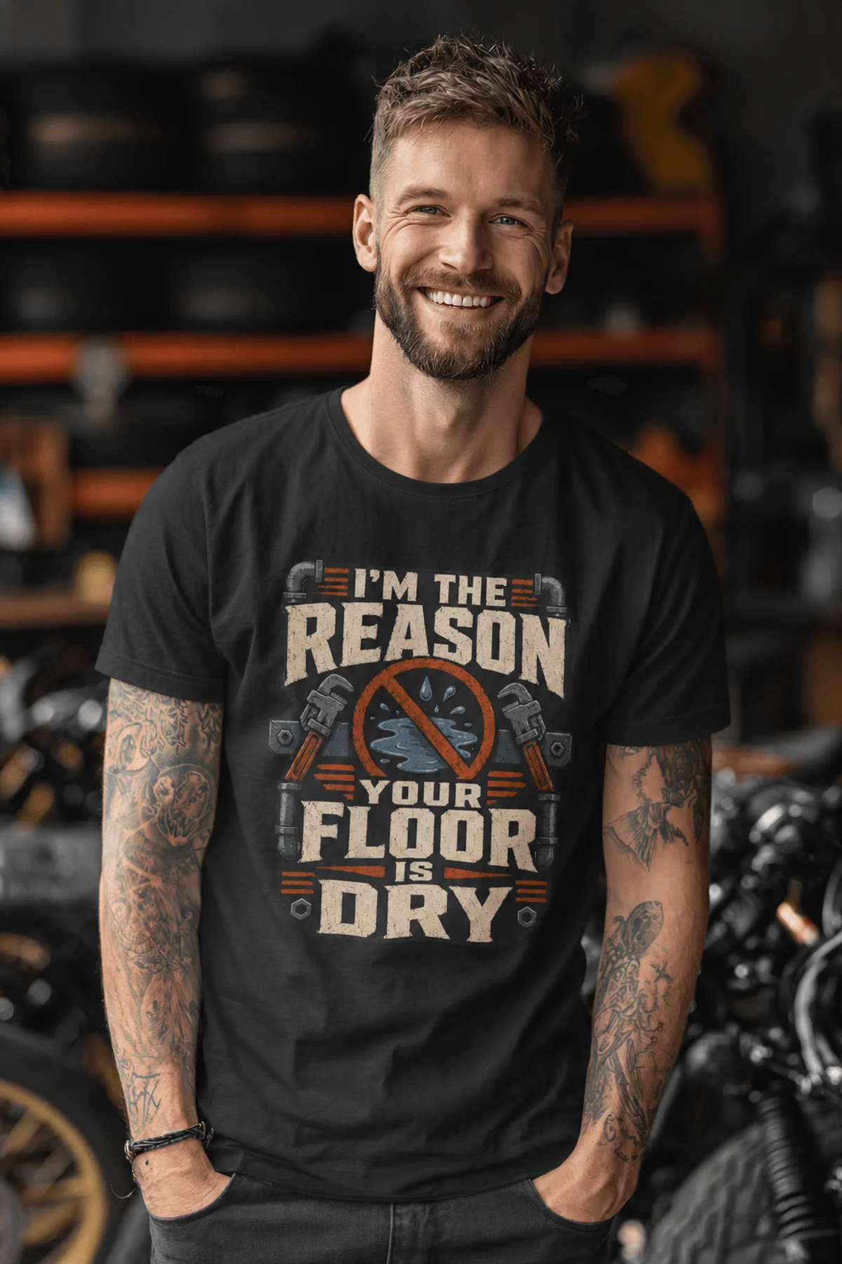 Plumber T‑Shirt – "I'm the Reason Your Floor Is Dry" Vintage Plumbing Tee — black — Model Plumber T‑Shirt – "I'm the Reason Your Floor Is Dry" Vintage Plumbing Tee — black t-shirt, model photo | Pressure Tested Co
