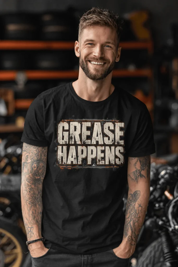 Grease Happens T-Shirt — Funny Mechanic Garage Tee — black t-shirt, model photo | Pressure Tested Co