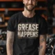 Grease Happens T-Shirt — Funny Mechanic Garage Tee — black — Model Grease Happens T-Shirt — Funny Mechanic Garage Tee — black t-shirt, model photo | Pressure Tested Co