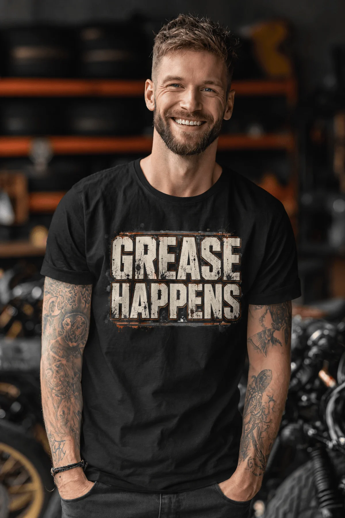 Grease Happens T-Shirt — Funny Mechanic Garage Tee — black — Model Grease Happens T-Shirt — Funny Mechanic Garage Tee — black t-shirt, model photo | Pressure Tested Co