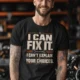 Sarcastic Mechanic T‑Shirt – "I Can Fix It. I Can't Explain Your Choices" Vintage Mechanic Shirt - DIY Repair Tee — black t-shirt, model photo | Pressure Tested Co