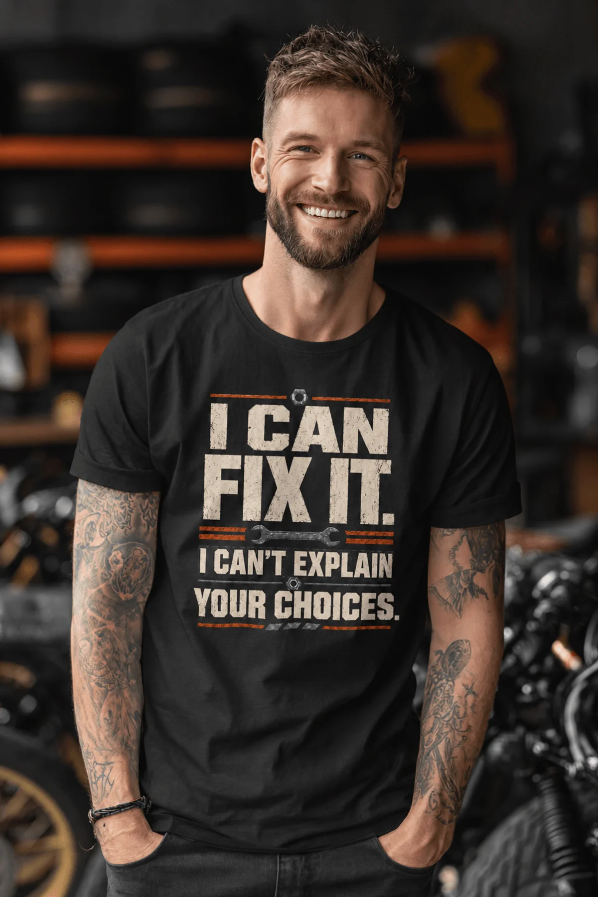 Sarcastic Mechanic T‑Shirt – "I Can Fix It. I Can't Explain Your Choices" Vintage Mechanic Shirt - DIY Repair Tee — black t-shirt, model photo | Pressure Tested Co