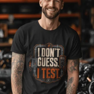 I Don't Guess I Test T-Shirt — Funny Tech Tee for Engineers and Electricians — black t-shirt, model photo | Pressure Tested Co