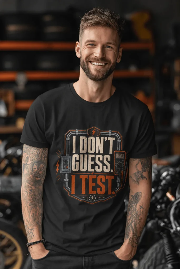 I Don't Guess I Test T-Shirt — Funny Tech Tee for Engineers and Electricians — black t-shirt, model photo | Pressure Tested Co