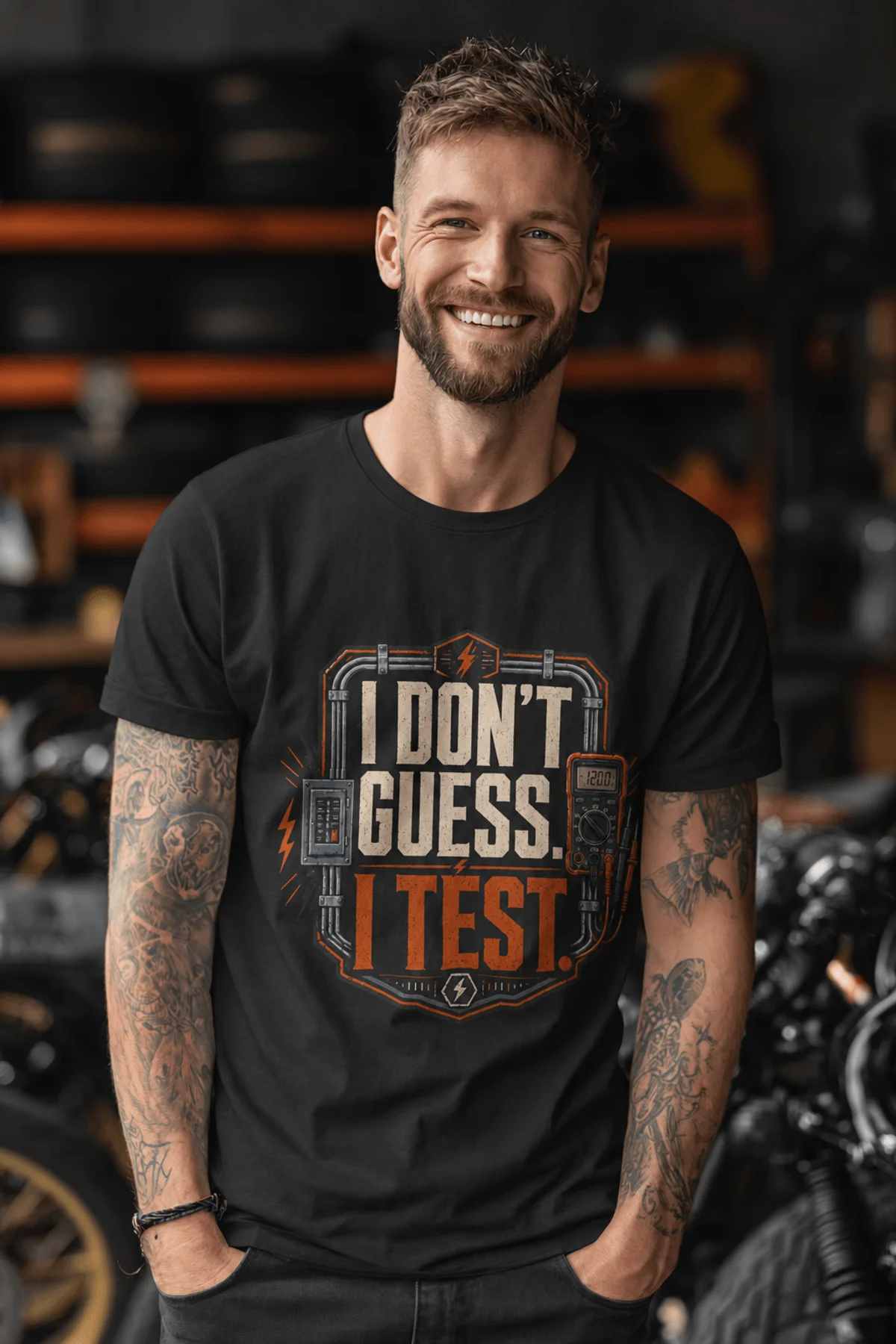 I Don't Guess I Test T-Shirt — Funny Tech Tee for Engineers and Electricians — black — Model I Don't Guess I Test T-Shirt — Funny Tech Tee for Engineers and Electricians — black t-shirt, model photo | Pressure Tested Co
