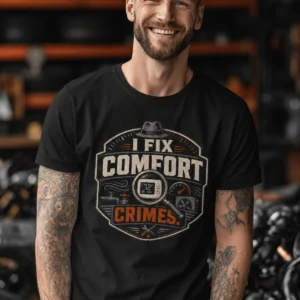 Funny HVAC Tech Tee "I Fix Comfort Crimes" — Furnace and Air Tech Work Tee — black t-shirt, model photo | Pressure Tested Co