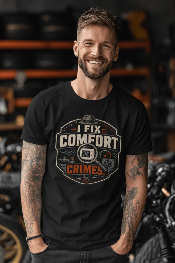 Funny HVAC Tech Tee "I Fix Comfort Crimes" — Furnace and Air Tech Work Tee — black t-shirt, model photo | Pressure Tested Co