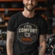 Funny HVAC Tech Tee "I Fix Comfort Crimes" — Furnace and Air Tech Work Tee — black — Model Funny HVAC Tech Tee "I Fix Comfort Crimes" — Furnace and Air Tech Work Tee — black t-shirt, model photo | Pressure Tested Co