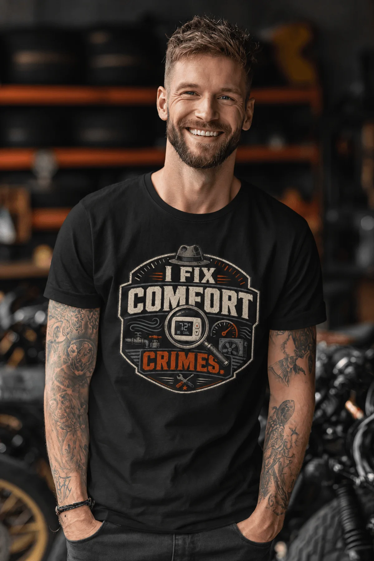 Funny HVAC Tech Tee "I Fix Comfort Crimes" — Furnace and Air Tech Work Tee — black — Model Funny HVAC Tech Tee "I Fix Comfort Crimes" — Furnace and Air Tech Work Tee — black t-shirt, model photo | Pressure Tested Co