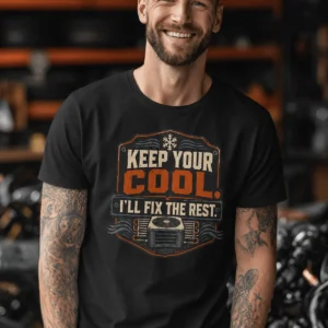 Funny HVAC Tee Shirt "Keep Your Cool. I'll Fix The Rest." T-Shirt – Vintage GraphicTee — black t-shirt, model photo | Pressure Tested Co