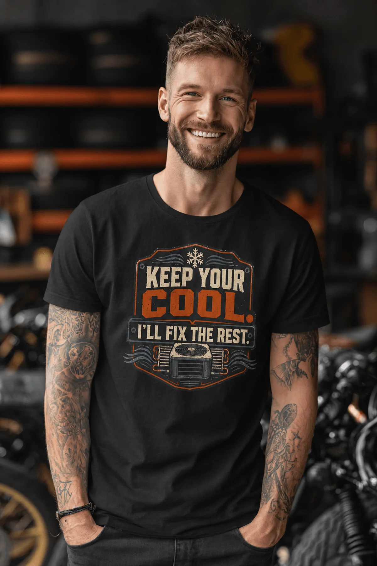 Funny HVAC Tee Shirt "Keep Your Cool. I'll Fix The Rest." T-Shirt – Vintage GraphicTee — black — Model Funny HVAC Tee Shirt "Keep Your Cool. I'll Fix The Rest." T-Shirt – Vintage GraphicTee — black t-shirt, model photo | Pressure Tested Co