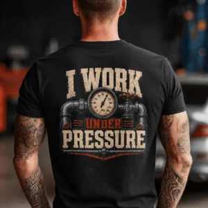 Funny Plumber Repair Graphic Tee "I Work Under Pressure" Back - "Plumbing Systems Diagnostician" Front — black t-shirt, model photo | Pressure Tested Co