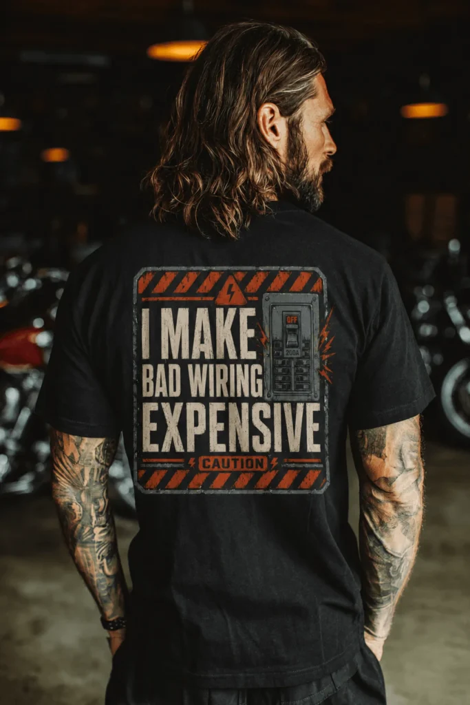 Funny Electrician Tech Tee - Back "I Make Bad Wiring Expensive" — Front "Wired For Success" Vintage Work Tee — black t-shirt, model photo | Pressure Tested Co