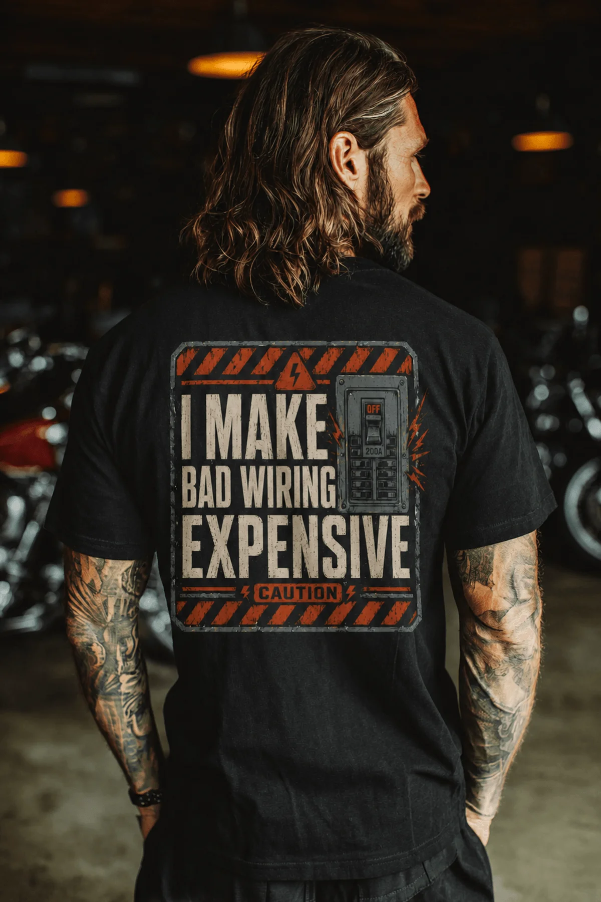 Funny Electrician Tech Tee - Back "I Make Bad Wiring Expensive" — Front "Wired For Success" Vintage Work Tee — black — Model Funny Electrician Tech Tee - Back "I Make Bad Wiring Expensive" — Front "Wired For Success" Vintage Work Tee — black t-shirt, model photo | Pressure Tested Co