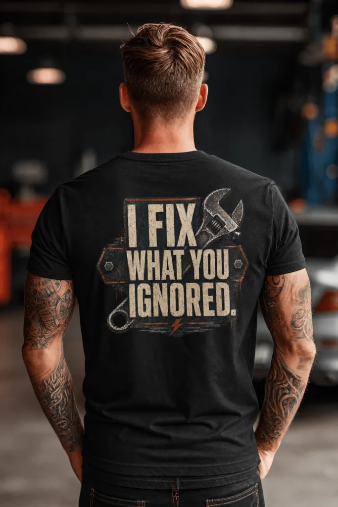 I Fix What You Ignored T-Shirt — Mechanic Wrench Tool Shirt for Technicians & DIYers — black t-shirt, model photo | Pressure Tested Co