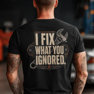 I Fix What You Ignored T-Shirt — Mechanic Wrench Tool Shirt for Technicians & DIYers — black t-shirt, model photo | Pressure Tested Co