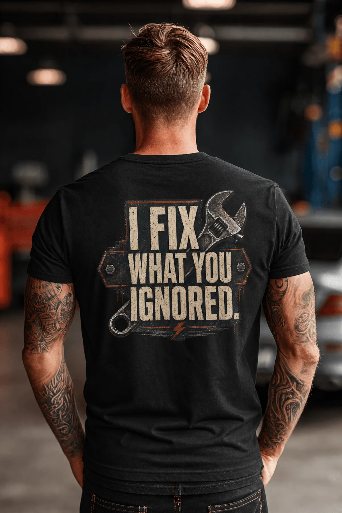 I Fix What You Ignored T-Shirt — Mechanic Wrench Tool Shirt for Technicians & DIYers — black — Model I Fix What You Ignored T-Shirt — Mechanic Wrench Tool Shirt for Technicians & DIYers — black t-shirt, model photo | Pressure Tested Co
