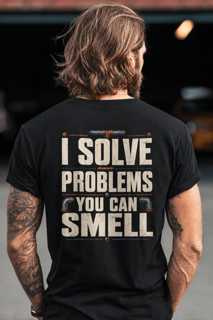 Funny Plumber Repair Graphic Tee "I Solve Problems You Can Smell" Back - "Plumbing Systems Diagnostician" Front — black t-shirt, model photo | Pressure Tested Co