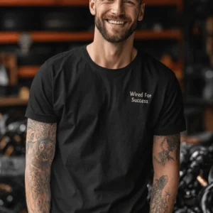 Funny Electrician Tech Tee - Back "I Make Bad Wiring Expensive" — Front "Wired For Success" Vintage Work Tee — black t-shirt, model photo | Pressure Tested Co
