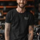 Funny Electrician Tech Tee - Back "I Make Bad Wiring Expensive" — Front "Wired For Success" Vintage Work Tee — black — Model Funny Electrician Tech Tee - Back "I Make Bad Wiring Expensive" — Front "Wired For Success" Vintage Work Tee — black t-shirt, model photo | Pressure Tested Co
