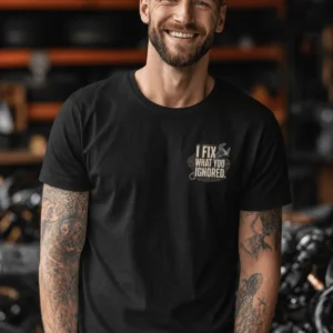 I Fix What You Ignored T-Shirt — Mechanic Wrench Tool Shirt for Technicians & DIYers — black t-shirt, model photo | Pressure Tested Co