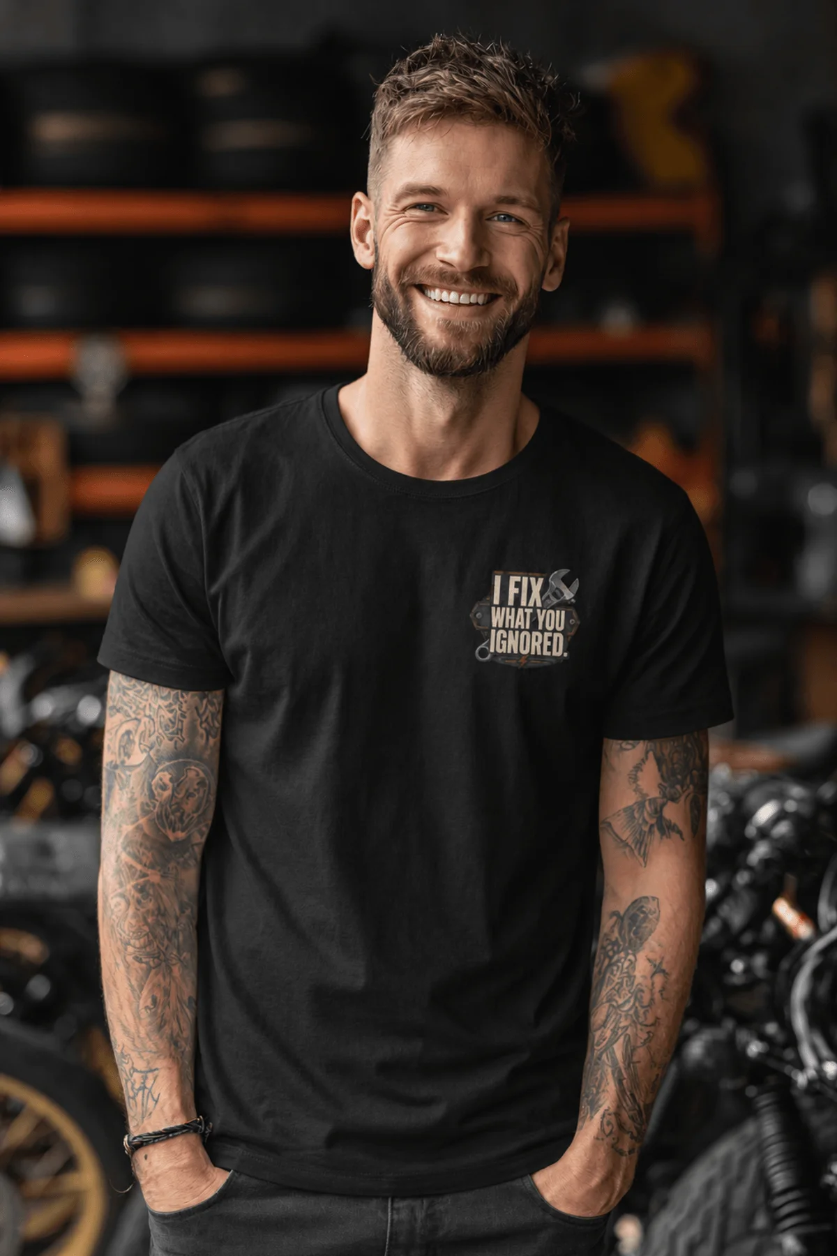 I Fix What You Ignored T-Shirt — Mechanic Wrench Tool Shirt for Technicians & DIYers — black — Model I Fix What You Ignored T-Shirt — Mechanic Wrench Tool Shirt for Technicians & DIYers — black t-shirt, model photo | Pressure Tested Co