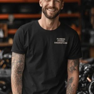 Funny Plumber Repair Graphic Tee "I Solve Problems You Can Smell" Back - "Plumbing Systems Diagnostician" Front — black t-shirt, model photo | Pressure Tested Co