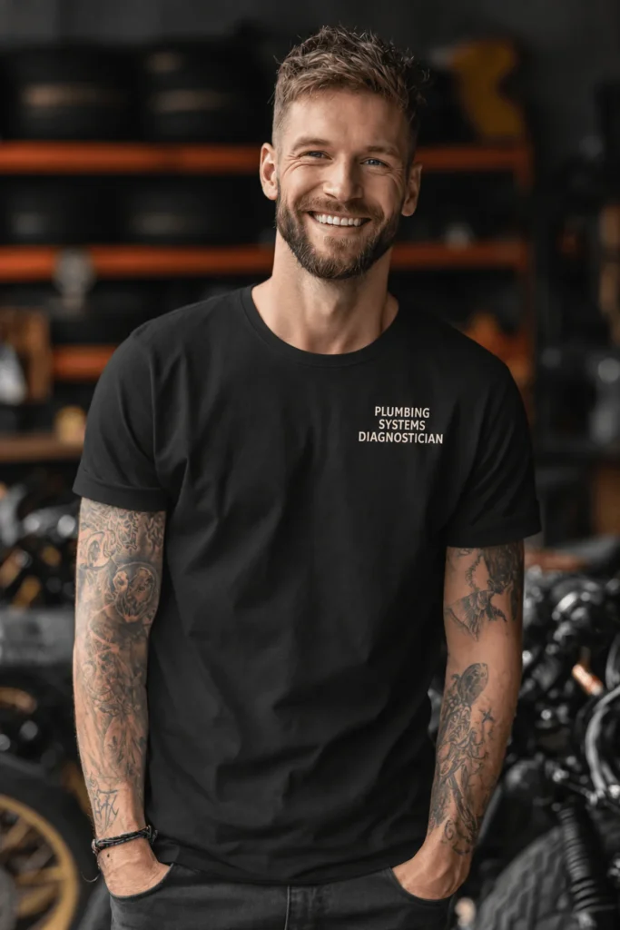 Funny Plumber Repair Graphic Tee "I Solve Problems You Can Smell" Back - "Plumbing Systems Diagnostician" Front — black t-shirt, model photo | Pressure Tested Co