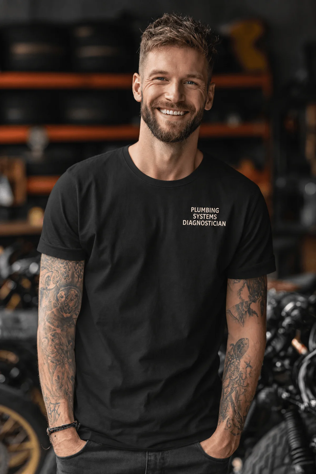 Funny Plumber Repair Graphic Tee "I Solve Problems You Can Smell" Back - "Plumbing Systems Diagnostician" Front — black — Model Funny Plumber Repair Graphic Tee "I Solve Problems You Can Smell" Back - "Plumbing Systems Diagnostician" Front — black t-shirt, model photo | Pressure Tested Co