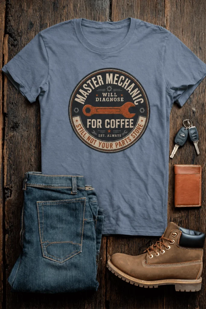 Mechanic T-Shirt — "Master Mechanic: Will Diagnose for Coffee" Retro Wrench Tee