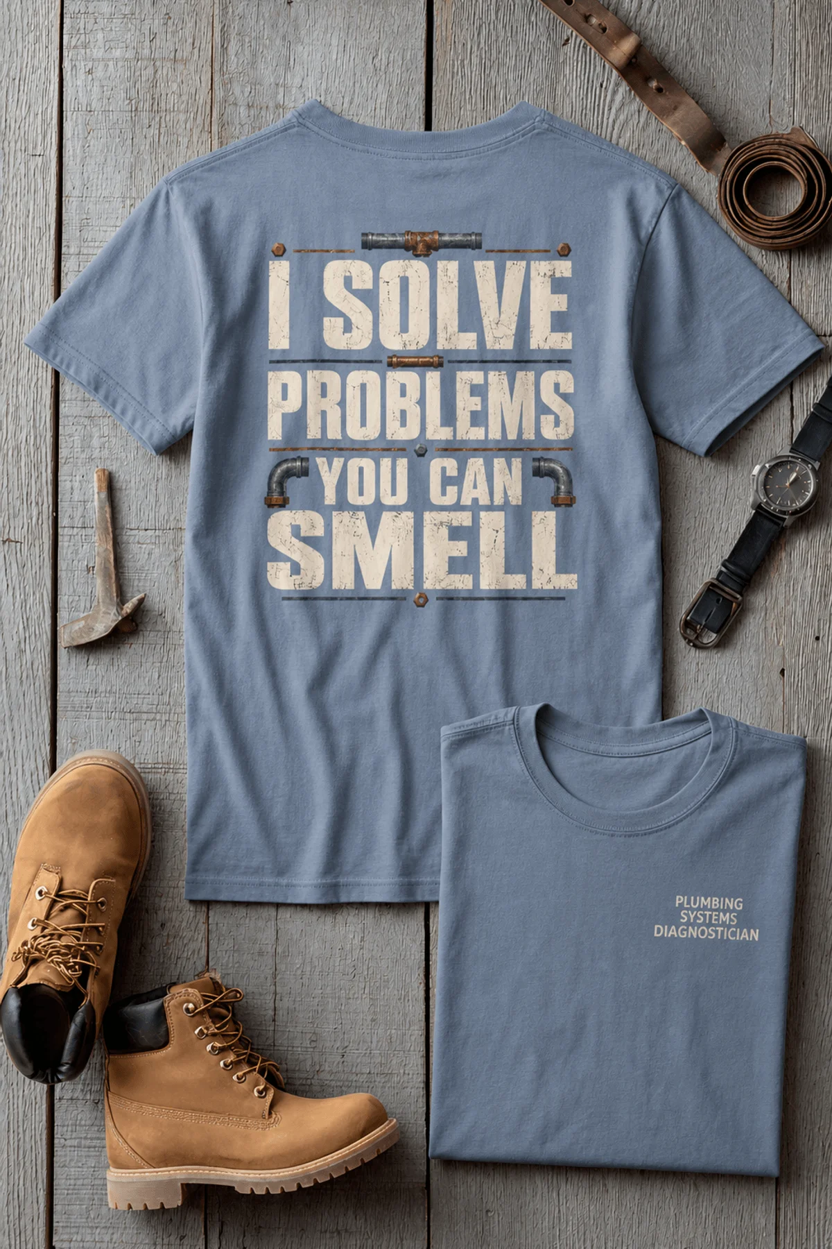 Funny Plumber Repair Graphic Tee "I Solve Problems You Can Smell" Back - "Plumbing Systems Diagnostician" Front — blue-jean — Flat-lay Funny Plumber Repair Graphic Tee "I Solve Problems You Can Smell" Back - "Plumbing Systems Diagnostician" Front — blue-jean t-shirt, flat-lay product photo | Pressure Tested Co